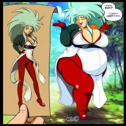 2d bbw before_and_after blue_hair chunkerchunks cleavage commission comparison double_chin fat fat_ass fat_belly fat_breasts fat_face fat_legs fat_thighs female in_denial pointed_ears red_pants ryoko_hakubi shrugging tenchi_muyo! weight_gain white_top