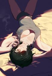 1girls 2d bed bedroom bedroom_eyes big_breasts chainsaw_man cleavage female female_only himeno_(chainsaw_man) light-skinned_female looking_at_viewer mappa pov raneblu upside-down