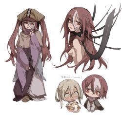 2girls bags_under_eyes chibi collar female female_only irumyuui long_hair looking_back made_in_abyss nude prisoner raito47 red_eyes red_hair sideboob solo_focus spiked_collar two_tone_hair upper_body very_long_hair vueko