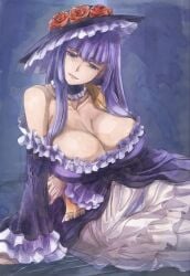 07th_expansion 2d big_breasts cleavage detached_collar dress female female_only frills half-closed_eyes hat headwear hime_cut lolita_fashion long_hair off_shoulder panties purple_eyes purple_hair see-through_clothing solo umineko_no_naku_koro_ni virgilia yohane