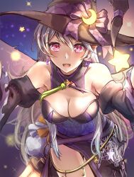 1girls :d absurdres alternate_costume artist_name bare_shoulders belt black_dress black_headwear bow breasts clear_glass_(mildmild1311) cleavage corrin_(female)_(fire_emblem) corrin_(female)_(halloween)_(fire_emblem) corrin_(fire_emblem) corrin_(fire_emblem)_(female) crescent crescent_hat_ornament detached_sleeves dress female female_only fire_emblem fire_emblem_fates fire_emblem_heroes grey_hair halloween halloween_costume hat hat_bow hat_ornament highres long_hair looking_at_viewer medium_breasts nintendo official_alternate_costume open_mouth pointy_ears red_eyes side_slit signature simple_background smile solo sparkle star_(symbol) very_long_hair witch witch_hat zettai_ryouiki