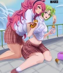 2girls bending_forward bending_over big_breasts breast_grab breasts brown_eyes colombian female female_focus flat_chest freckles grabbing grabbing_another's_breast grabbing_breasts green_hair green_nails hand_on_breast hand_under_clothes hand_under_shirt hispanic hispanic_virtual_youtuber indie_virtual_youtuber latam_virtual_youtuber light-skinned_female light_skin long_hair lunaria_ayaren mao13 on_knees one_eye_closed open_mouth pink_eyes pink_hair plaid_skirt rooftop ryumi ryumivt school school_uniform schoolgirl short_hair sitting sitting_on_floor skirt small_breasts twitch twitch.tv virtual_youtuber vtuber vtuberfanart white_shirt yellow_eyes youtube youtube_hispanic yuri