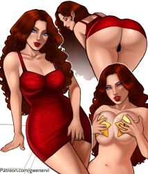 1girls 2d ass auburn_hair back_view big_breasts big_lips big_thighs butt cleavage covering_breasts dress eyeshadow female female_only gwenervi light-skinned_female light_skin lips lipstick long_hair looking_at_viewer makeup mario_(series) multiple_images nintendo pauline red_dress red_lips red_lipstick solo star-shaped_pasties thick_lips thighs upskirt wavy_hair