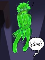 2boys bedroom caught_in_the_act caught_masturbating charlie_slimecicle covering_self dark_room dream_smp dripping_skin embarrassed embarrassed_nude_male glasses green_body green_skin male_only masturbation minecraft naked on_floor quackity slime slime_(substance) slime_boy slime_monster slimecicle wet_skin