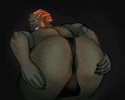 2d_(artwork) anal_hair anus anus_behind_thong ass back_hair big_butt body_hair butt_focus butt_hair clothed clothing ganondorf ganondorf_(twilight_princess) genitals gerudo green_body green_skin grin hair hairy hand_on_butt horkrugley humanoid humanoid_pointy_ears looking_back male male_focus male_only nintendo orange_hair presenting presenting_anus presenting_hindquarters rear_view red_hair simple_background smile solo solo_focus solo_male the_legend_of_zelda thong twilight_princess underwear underwear_only