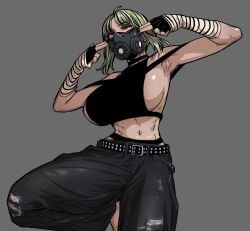 belt big_breasts blonde_female blonde_hair core_(artist) female_only gas_mask huge_breasts jeans large_breasts original original_character panties ripped_clothing shredded_clothes tank_top