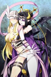 2girls angel angel_wings angewomon black_hair blonde_hair blue_eyes bound demon demon_horns demon_wings digimon digimon_(species) eyeshadow female female_only groping_breasts hair hair_ornament hand_on_breast hands_on_breasts horns lilithmon lindaroze lipstick mask multiple_girls nail_polish purple_eyeshadow purple_lipstick purple_nails seven_great_demon_lords smile succubus yuri