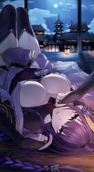 1girls absurdres blunt_bangs breasts building cleavage female full_moon genshin_impact hana_hebi highres hime_cut japanese_clothes kimono large_breasts long_hair looking_at_viewer lying mole mole_under_eye moon night no_bra on_back open_clothes purple_eyes purple_hair raiden_shogun smile solo thighhighs very_long_hair window wooden_floor