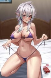 1girls beckoning bed blue_eyes blush cheating condom elf large_breasts long_hair looking_at_viewer micro_bikini multicolored_hair naughty_face netorare ntr onedoo original queen_of_spades short_hair smile tattoo undressing white_hair