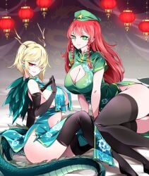 2girls animal_horns animal_tail ass belly_button blonde_hair braid breast_curtains breasts china_dress chinese_clothes chinese_lantern cleavage cleavage_cutout clothing_cutout dragon ear_piercing earrings elbow_gloves female folding_fan gloves green_eyes green_headwear hair_over_one_eye hat hong_meiling horn horns kicchou_yachie large_breasts long_hair looking_at_viewer navel pointy_ears raptor7 red_eyes red_hair scales shoes short_hair sideboob tail thighhighs thighs touhou turtle_shell twin_braids yellow_hair