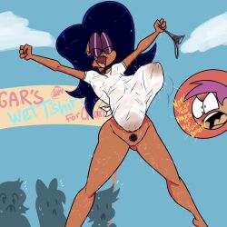 2d big_breasts boobs bottomless breasts casual_nudity dark-skinned_female enid enid_(ok_k.o.!_lbh) exhibitionism exhibitionist mature_female milf no_bra ok_k.o.!_let's_be_heroes public_exposure public_nudity secondhand_embarrassment see-through see-through_clothing terrible_the_drawfag thong tits vampire_girl wet_body wet_shirt wilhamena