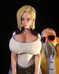 1boy 1boy1girl 1girls 3d 3d_animation 4:5 alternate_breast_size android_18 animated areolae belt blonde_hair blue_eyes breasts_bigger_than_head breasts_out cleavage dragon_ball dragon_ball_z female gigantic_breasts hourglass_figure huge_breasts jeans looking_at_viewer male master_roshi shaking shorter_than_10_seconds small_waist tagme thin_waist trembling upper_body vaako vertical_video video wasp_waist wide_hips