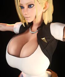 1girls 3d 3d_(artwork) alternate_breast_size android_18 areolae belt blonde_hair blue_eyes breasts_bigger_than_head breasts_out cleavage dragon_ball dragon_ball_z female female_only female_solo gigantic_breasts hourglass_figure huge_breasts jeans looking_at_viewer small_waist solo solo_female thin_waist upper_body vaako wasp_waist wide_hips