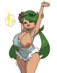 1girls arm_up ass becku breasts closed_eyes dark-skinned_female dark_skin exposed_breasts female female_only green_hair large_breasts mallow_(pokemon) nintendo one_arm_up one_breast_out overalls pokemon solo stretching thighs white_background wide_hips