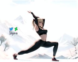 absurd_res ai_generated blonde_hair blue_eyes crop_top genshin_impact hi_res highres idgaroo jean_gunnhildr mountain nature snow sports_bra stable_diffusion yoga yoga_pants yoga_pose