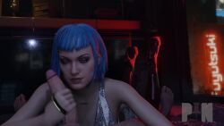 1boy 1girls 3d_model blue_hair blunt_bangs cyberpunk_2077 evelyn_parker female handjob human looking_at_viewer male manual pale_skin pinpinpin3d pov short_hair shorter_than_10_seconds video