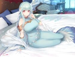 1girls aqua_hair arm_support bare_shoulders bed bed_sheet belt blue_dress blush breasts closed_mouth commentary_request couch dress feather_trim female female_only fire_emblem fire_emblem:_the_blazing_blade fire_emblem_heroes full_body gold_trim hair_ornament hand_up highres indoors kashiwamochi_yomogi large_breasts long_dress long_hair looking_at_viewer ninian_(fire_emblem) nintendo pillow red_eyes simple_background sleeveless smile solo sparkle