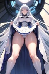 ai_generated big_breasts blue_eyes from_below front_view pathetic skirt_lift thighs white_hair