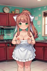 ai_generated apron apron_only bangs blush breasts breasts_out clock coral_brown_hair doki_doki_literature_club emerald_eyes emerald_green_eyes female female_only happy kitchen kitchen_appliance kitchen_counter looking_at_viewer monika_(doki_doki_literature_club) nipples picture_on_wall pixai ponytail sink smile solo stove sunshine_light teen_girl teenage_girl teenage_tits white_bow window