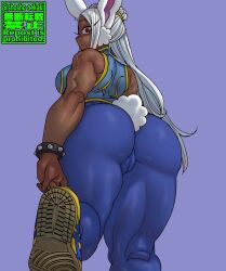 1girls ass big_breasts bunny_ears bunny_tail chun-li_(cosplay) chunky dark-skinned_female dark_skin eyebrows fat_ass female female_only large_ass long_hair looking_at_viewer looking_back miruko my_hero_academia rabbit_ears red_eyes rumi_usagiyama shosho_oekaki solo solo_female solo_focus spiked_bracelet street_fighter thick_thighs thighs white_background wide_hips