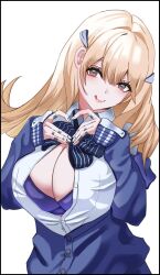 2d :q blonde_hair blue_bow blue_bowtie blue_bra blue_cardigan blush bow bow_bra bowtie bra bra_peek breasts button_gap cardigan cleavage closed_mouth collared_shirt eyes_visible_through_hair female goddess_of_victory:_nikke hair_intakes hair_ornament hands_on_own_chest heart heart_hands highres huge_breasts jewelry lips long_hair looking_at_viewer multiple_rings puffy_sleeves red_eyes ring shirt sleeves_past_wrists smile solo tia_(nikke) tongue tongue_out type09_sachi white_background white_shirt