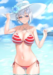 1girls 2d absurdres bikini blue_eyes blue_flower blunt_bangs blush bob_cut breasts cleavage female flower grey_hair hat highres large_breasts looking_at_viewer match_(scp115) navel ocean red_bikini short_hair side-tie_bikini_bottom siesta_(tantei_wa_mou_shindeiru) smile solo standing stomach striped striped_bikini sun_hat swimsuit tantei_wa_mou_shindeiru white_hair