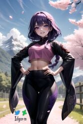 absurd_res ai_generated arm_on_hip braid braided_hair cherry_tree crop_top genshin_impact hi_res highres idgaroo nature purple_hair raiden_shogun sleeves smiling sports_bra stable_diffusion yoga yoga_pants