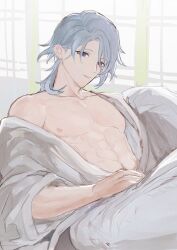 blue_hair digital_media_(artwork) exposed_breasts genshin_impact kamisato_ayato light-skinned_male light_skin looking_at_viewer medium_hair mole_under_mouth pov_eye_contact presenting presenting_breasts purple_eyes robe solo solo_focus solo_male toned