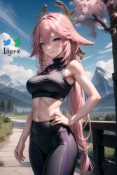 absurd_res ai_generated arm_on_hip cherry_tree crop_top genshin_impact hi_res highres idgaroo long_hair mountain nature pink_hair sports_bra stable_diffusion sweat yae_miko yoga yoga_pants