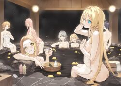 6+girls ass bar_soap blonde_hair blue_eyes blunt_bangs blush breasts bucket closed_eyes cup elf food fruit green_eyes grey_hair grin hair_intakes holding holding_cup holding_towel hu_kotora long_hair looking_back multiple_girls naked_towel onsen open_mouth original parted_lips partially_submerged pink_hair pointy_ears short_hair sitting smile soap towel very_long_hair water wooden_bucket yellow_eyes yuzu_(fruit) yuzu_bath