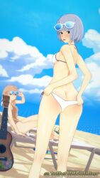 2girls 3d alternate_costume alternate_hairstyle ass back back_view bare_back bare_legs beach beach_chair bikini black_eyes blue_eyes blue_hair blush braid braided_ponytail breasts brown_eyes brown_hair brown_one-piece_swimsuit brown_swimsuit butt_crack chair embarrassed eyewear_on_head faye_(fire_emblem) female female_only fire_emblem fire_emblem_echoes:_shadows_of_valentia guitar hair_over_shoulder jollyoldsoldier large_ass legs long_hair looking_back medium_breasts multiple_girls nintendo ocean on_chair one-piece_swimsuit open_mouth outdoors ponytail short_hair sideboob silque_(fire_emblem) sunglasses sunglasses_on_head swimsuit underboob white_bikini white_swimsuit