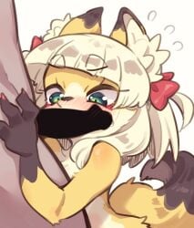 ambiguous_gender anthro blonde_hair blush bodily_fluids brown_body brown_fur canid canine censored colored_nails dipstick_ears dipstick_tail duo erection eyeshadow faceless_anthro faceless_character faceless_male fox fur genital_fluids genitals gloves_(marking) green_eyes hair hi_res inner_ear_fluff looking_at_genitalia looking_at_penis makeup male male/ambiguous mammal markings multicolored_ears nails penis precum ribbons solo_focus tail tail_markings tuft yellow_body yellow_fur youki029