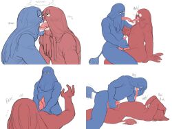 anthro blue_body blue_guy_(dhmis) blue_hair bodily_fluids don't_hug_me_i'm_scared duo french_kissing frottage genitals hair humanoid kissing lipless lying male male/male male_focus male_only non-human on_back penis red_body red_guy_(dhmis) red_hair sex sweat tail tail_tuft tailed_humanoid tapering_penis tapering_tongue teeth tongue tongue_out tuft werdopon