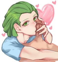 cioccolata gay green_eyebrows green_eyes green_hair hearts jojo's_bizarre_adventure male male_only oral penis saliva saliva_on_penis vento_aureo weird_penis white_background white_body yaoi