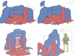 anthro anus avian bird blue_body blue_guy_(dhmis) blue_hair bodily_fluids caught clothing don't_hug_me_i'm_scared doorway dreadlocks drooling duck_guy_(dhmis) duo french_kissing frottage green_body group hair humanoid jacket kissing lipless lying male male/male noseless on_back on_top red_body red_guy_(dhmis) red_hair saliva selfcest sex square_crossover tail tail_tuft tailed_humanoid tapering_tongue teeth tongue tongue_out topwear trio tuft walk-in werdopon