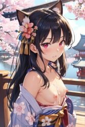 ai_generated cat_ears cum_on_breasts exposed_breasts mirai_(senran_kagura) nipples open_shirt open_yukata senran_kagura small_breasts