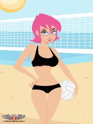 1girls beach bikini black_bikini breasts cleavage erect_nipples erect_nipples_under_clothes erin_esurance esurance female female_only fully_clothed glasses green_eyes mascot navel phantomdiver phillipthe2 pink_hair short_hair solo sports_bikini volleyball