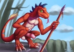 abs anthro balls big_penis claws dewclaw digital_media_(artwork) erection genitals green_eyes humanoid_genitalia humanoid_penis light_belly lizard looking_at_viewer male melee_weapon nude penis polearm red_body reptile scalie smile solo spear superagro tail tongue waterfall weapon