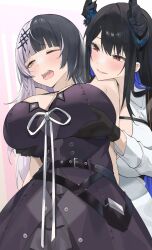 belt black_and_white_hair black_dress black_gloves black_hair blue_hair byeon_dha closed_eye gloves groping groping_breasts groping_from_behind hololive hololive_english hololive_english_-advent- huge_breasts nerissa_ravencroft open_mouth shiori_novella virtual_youtuber white_hair white_shirt