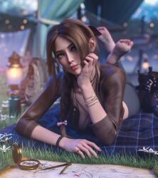 1girls 3d aerith_gainsborough brown_hair female female_only final_fantasy final_fantasy_vii final_fantasy_vii_remake fully_clothed green_eyes light-skinned_female light_skin solo thinking
