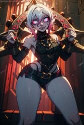 absurdres ai_generated armlet bangs bare_shoulders belt black_shorts breasts briar_(league_of_legends) cuffs female glowing glowing_eyes gradient_hair hair_between_eyes hi_res highres jewelry league_of_legends looking_at_viewer multicolored_hair open_mouth pink_eyes pink_hair pointy_ears ree0 riot_games sharp_teeth short_hair short_shorts shorts sleeveless smile solo teeth thighs white_eyes white_hair