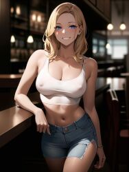 1girls ai_generated ai_mirror arm_on_table bar belly_button blonde_hair blue_eyes blush jean_shorts lamp long_hair looking_at_viewer medium_breasts medium_thighs nipple_bulge nipples nipples_visible_through_clothing ripped_jeans smile white_skin white_top window wooden_chair