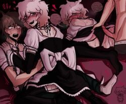 bigsyo black_shoes boys brown_hair danganronpa danganronpa_2:_goodbye_despair dress dress_lift gay gay_sex green_eyes hinata_hajime homo long_hair maid_dress maid_outfit maid_uniform male/male male_only nagito_komaeda on_top panties panties_aside short_hair silly tan_body thighhighs tie white_button_down_shirt white_hair yaoi yellow_eyes