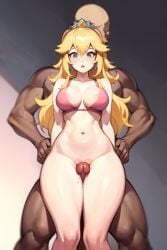 1boy 1girls ai_generated blonde_hair bra cleavage female lenceria long_hair male mario_(series) nintendo penis pink_bra princess_peach promptchan standing thick_thighs thighjob thighs underwear