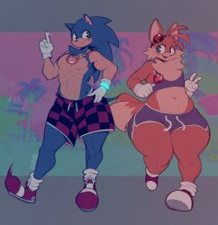 abdominals blue_eyes blue_fur blush checkered checkered_clothes chubby chubby_male diipiid eldiipiid fat green_eyes male_only miles_prower mobian mobian_(species) mobian_fox mobian_hedgehog nervous nervous_face nervous_smile orange_fur ring_(jewelry) sega shorts sonic_(series) sonic_the_hedgehog sonic_the_hedgehog_(series) tails tails_the_fox wide_hips