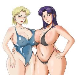 2girls bikini black_bikini blue_one-piece_swimsuit blush breast_press breasts breasts_squeezed_together cleavage crotchless crotchless_swimsuit curvy female female_only highres huge_breasts large_breasts lipstick makeup misato_katsuragi mole multiple_girls neon_genesis_evangelion one-piece_swimsuit panarandom plump pubic_hair pussy red_lips ritsuko_akagi scar smile swimsuit uncensored wide_hips