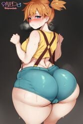 1girls ai_generated aiporndude ass_focus bangs blue_eyes blush blushing bottom_heavy cameltoe crop_top curvaceous curvy curvy_body curvy_female curvy_figure embarrassed fat_ass_teen from_behind giant_ass ginger ginger_hair hand_on_breast huge_ass kasumi_(pokemon) large_ass looking_at_viewer looking_back massive_ass orange_hair pokemon pussy short_hair shorts simple_background solo solo_female solo_focus suspender_shorts suspenders sweat sweatdrop sweating thick_ass thick_thighs twintails wide wide_ass wide_hips wide_thighs yellow_shirt