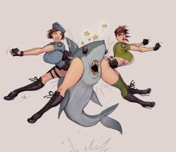 2girls ass bandana beret breasts brown_haiir capcom devil_hs female high_heel_boots huge_ass huge_breasts jill_valentine police_uniform rebecca_chambers resident_evil shark underboob