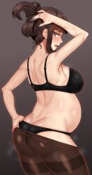 ass back bra breasts female from_behind girls_und_panzer hair_lift hand_on_own_head hand_on_own_hip large_breasts looking_at_viewer looking_back mature_female nishizumi_shiho nt00 panties panties_under_pantyhose pantyhose pregnant solo sweat