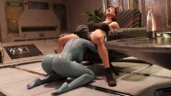 2girls 3d alien_girl anus asari ass barefoot belethor's_smut bottomless commander_shepard cunnilingus female female_only femshep hi_res interspecies kneeling mass_effect medium_hair no_panties nude oral pubic_hair pussy red_hair samara soles sports_bra spread_legs yuri